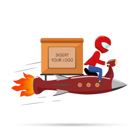 Vector Delivery man riding red Scooter Rocket. Flat Design style illustrationのイラスト素材