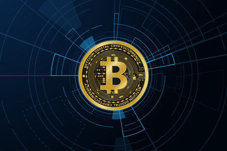 Golden bitcoin digital currency symbols, futuristic digital money,