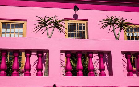 Pink house front with palm tree shadowsの写真素材