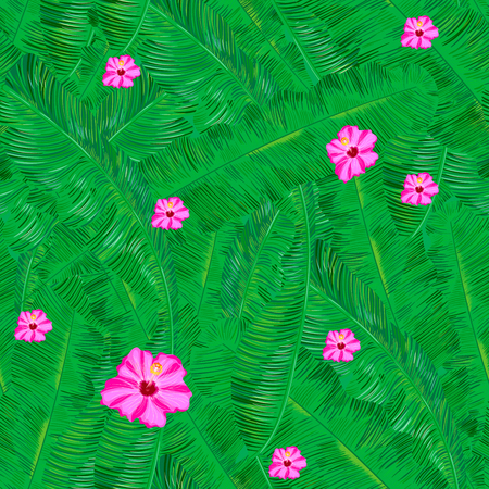 Tropical background with jungle plants. Seamless vector tropical pattern with green palm leaves.のイラスト素材