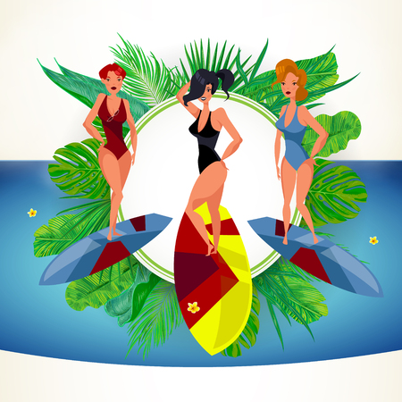 Surfing beach characters. Summer time. Vector cartoonsのイラスト素材