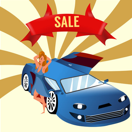 Buying or selling a car. Sale ribbon. Blonde woman near the car. Vector illustration in cartoon style.のイラスト素材