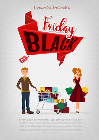 Black Friday sale modern poster, banner. Young caucasian white couple holding a lot of purchases after shopping on a Black Friday sale. Vector cartoon illustration.のイラスト素材