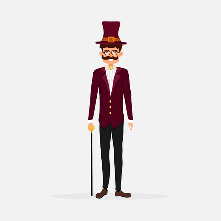 Elegant gentleman in top hat holding a stick. Flat style. Vector illustration.のイラスト素材
