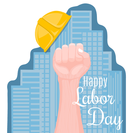 labour day celebration with hands fist and cityscapeのイラスト素材