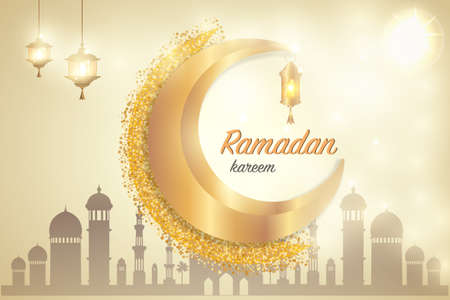 Ramadan Kareem greetings with mosque and moon. Muslim religion holy month Ramadan celebration greeting card with mosque under gold sky. Eid Mubarak festive poster designのイラスト素材