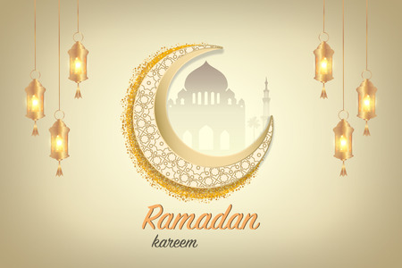 Ramadan kareem greeting template Islamic crescent and Arabic lantern. Illustration.のイラスト素材