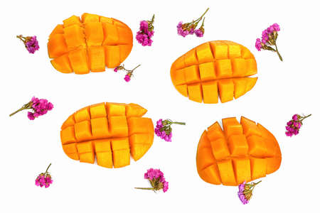 Mango and statice flowers on white background. Colorful summer.の写真素材