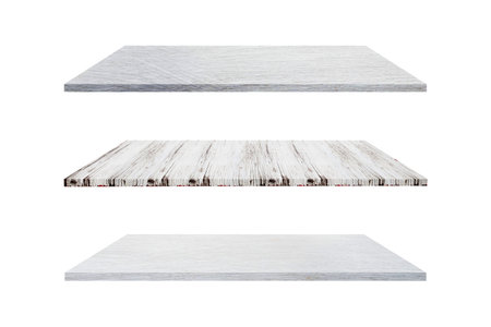 New collection of white wooden shelves isolated on white background, Objects with clipping paths for design workの写真素材