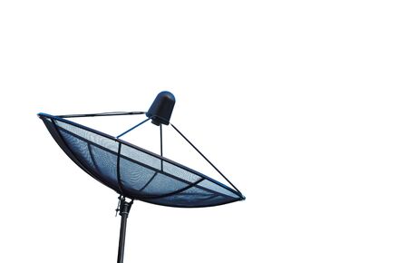 Black satellite dish or TV antennas isolated on white background. For visual design related to communication and technology.の写真素材