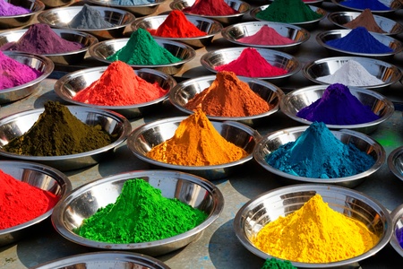 On the photo Colorful tika powders on Orcha market, India On the photo Colorful tika powders on Orcha market, India