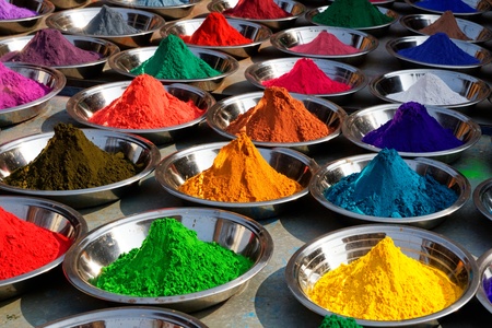 On the photo  Colorful tika powders on Orcha market, India