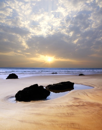 Picturesque seascape with boulders in the foregroundの写真素材
