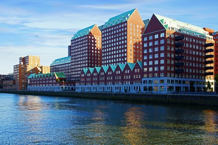 Picturesque landscape with modern architecture in Rotterdamの写真素材