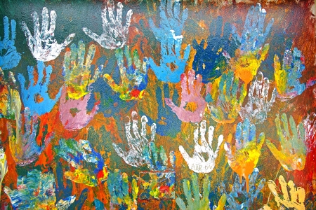Background  Handprints made of multicolored oil paintsのeditorial素材