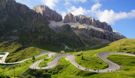 Picturesque Dolomites  landscape with mountain road  Italyの写真素材
