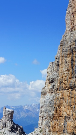 Picturesque mountain landscape with tourist. Dolomites, Italyの写真素材