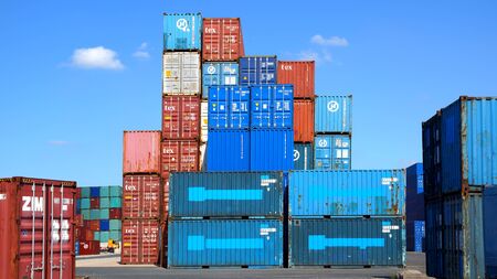 Shipping containers at the docks of the Havre. The port includes 6.5 kilometres of docks; August 09, 2012 in Le Havre, France. のeditorial素材
