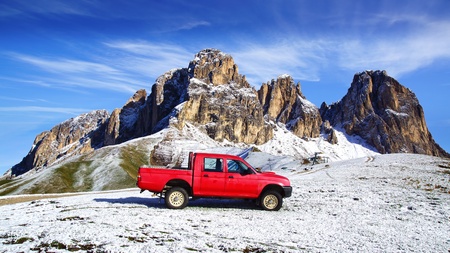 Red pickup near the Sella Pass  2244 m , Italyのeditorial素材