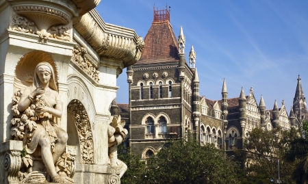 Flora Fountain and Oriental Building in Mumbai, Indiaの写真素材