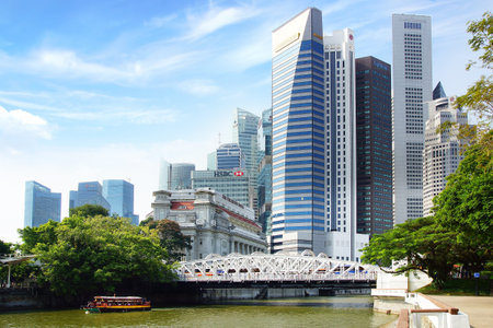 SINGAPORE - FEBRUARY 03, 2014  Singapore skyline with Cavenah Bridge  View includes next buildings  Maybank, Capital Tower, Overseas Bank Plaza, OUB Centre, UOB Plaza One, OSBC, SingTel and ect のeditorial素材