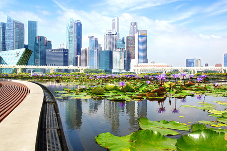 SINGAPORE - FEBRUARY 04, 2014  Downtown Singapore from Marina Bay  View includes next buildings  Louis Vuitton Island, DBC, HSBC, Maybank, Capital Tower and ect のeditorial素材