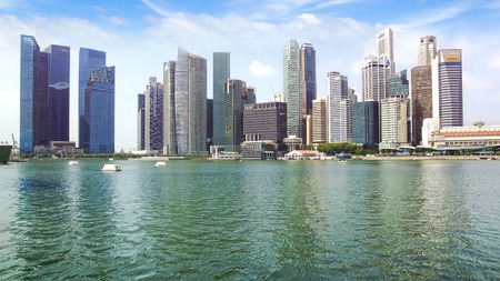 SINGAPORE - FEBRUARY 04, 2014  Downtown Singapore from Marina Bay  View includes next buildings  Louis Vuitton Island, DBC, HSBC, Maybank, Capital Tower and ect のeditorial素材