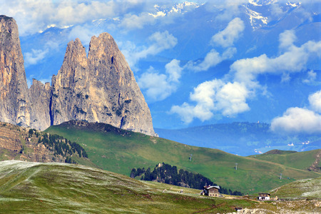 Picturesque rural mountain landscape. Dolomites. Italy Panoramaの写真素材