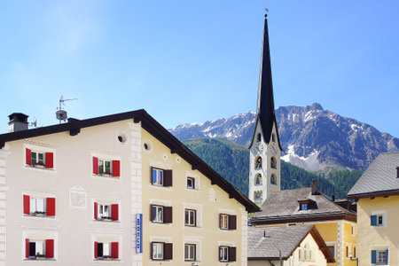 ZUOZ, SWITZERLAND - JUNE 26, 2015: Medieval town centre. Zuoz has many cobblestoned streets, an elegant town center and numerous beautiful old buildings.のeditorial素材