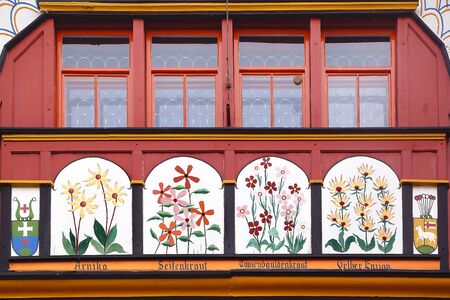 APPENZELL, SWITZERLAND- JUNE 29, 2015: Ancient unique window in historic medieval old town. Appenzell is well-known for its colourful houses with painted facades.のeditorial素材