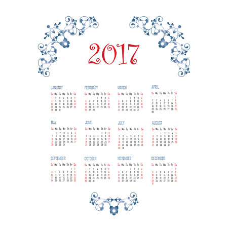Calendar 2017. Vintage decorative elements. Oriental pattern, vector illustration.Floral decor, place for company logo. Week starts on sunday.のイラスト素材