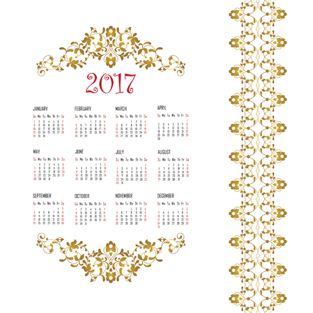 Calendar 2017. Vintage decorative elements. Oriental pattern, vector illustration.Floral decor, place for company logo. Week starts on sunday.のイラスト素材