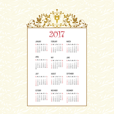 Calendar 2017. Vintage decorative elements. Oriental pattern, vector illustration.Floral decor, place for company logo. Week starts on sunday.のイラスト素材