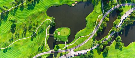 Aerial view of golf field landscape with sunrise view in the morning shot. Bangkok Thailandの写真素材