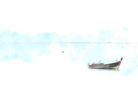Long boat fishing in sea, Fishing boat on watercolor paining backgroundの写真素材