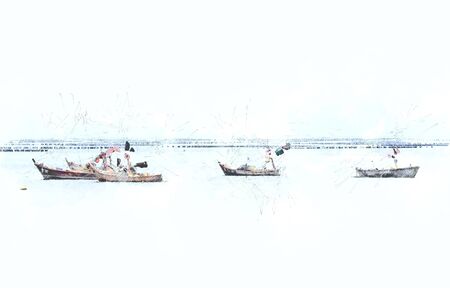 Long boat fishing in sea, Fishing boat on watercolor paining backgroundの写真素材