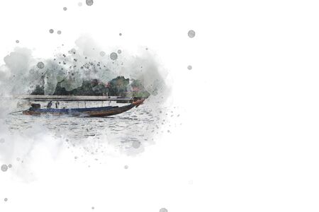 Long boat fishing in sea, Fishing boat on watercolor paining background. Thailandの写真素材