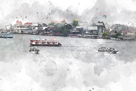 Long boat fishing in sea, Fishing boat on watercolor paining background. Thailandの写真素材