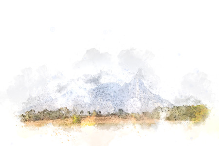 Abstract Mountain and Tree on watercolor background.の写真素材