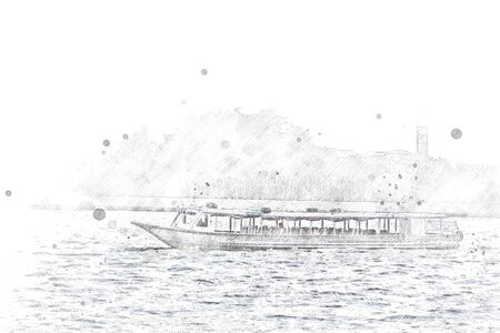 Abstract long Boat on watercolor backgroundの写真素材