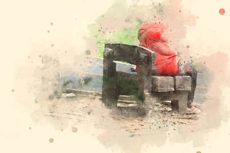 Abstract woman sit on a wooden chair in park.の写真素材