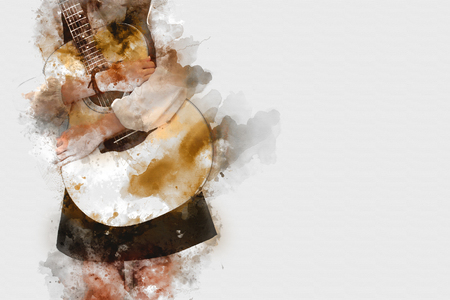 Playing Guitarist in the foreground. Close up, Watercolor paintの写真素材