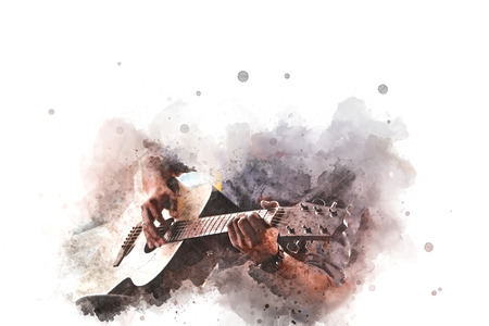 Playing Guitarist in the foreground. Close up, Watercolor paintの写真素材