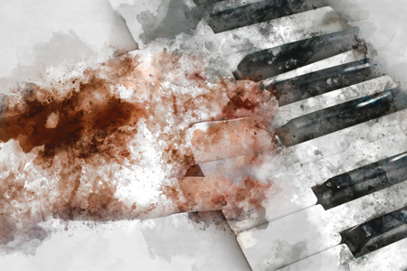 Woman playing piano keyboard on watercolor backgroundの写真素材