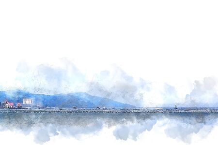 Abstract Sea and Mountain on watercolor backgroundの写真素材