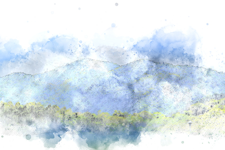 Abstract mountain landscape on watercolor background, digital watercolor paintingの写真素材