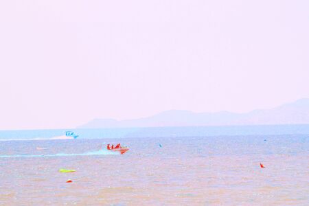 Speed boat on watercolor paining backgroundの写真素材