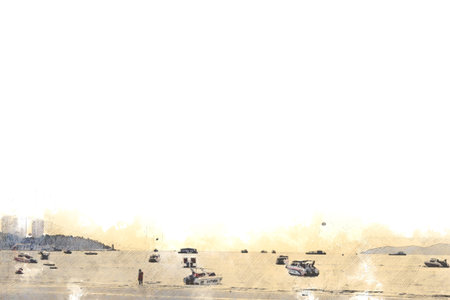 Speed boat on watercolor paining backgroundの写真素材