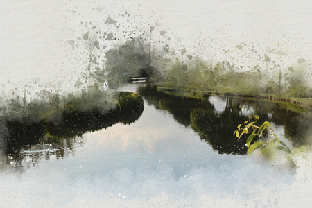 River watercolor painting backgroundの写真素材