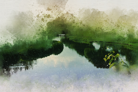 River watercolor painting backgroundの写真素材